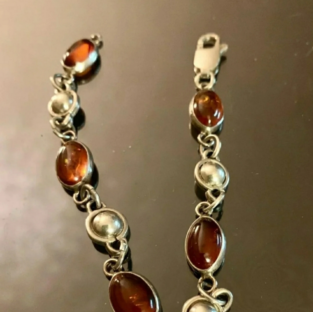 Baltic Amber Sterling Bracelet 6.75" Honey Polish Poland 925 Silver Vintage